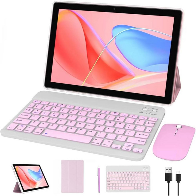 2 in 1 태블릿 10인치 안드로이드 14 키보드 포함 64GB ROM 8GB RAM 지원 1TB 확장 10.1인치 마우스 케이스 스타일러스 탭 8MP+2MP 카메라 6000, Pink, 핑크, Pink