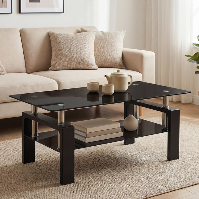 럭키스토리 거실 테이블 강화유리 2단 거실 쇼파테이블, 블랙 K-JCT1001-DB