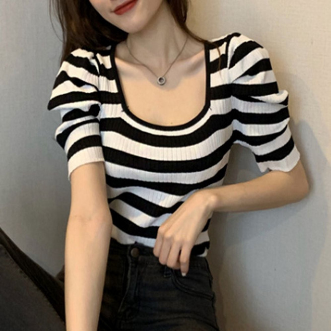 [yck]퍼프 소매 신축성 좋은 여자 패션 골지 반팔 티셔츠[패션]