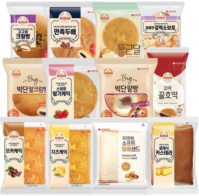 롯데 간식 기린빵 12종 모음 대량 구매, 24개, 100g