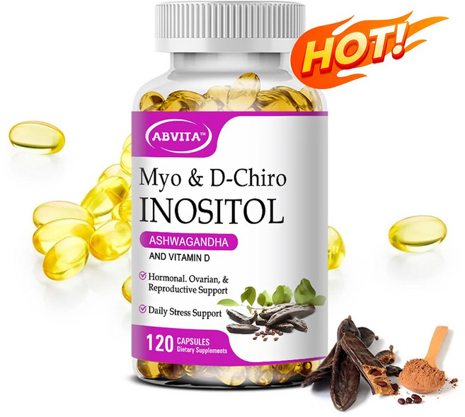 ABVITA 이노시톨 60/120캡슐 Myo & D-Chiro 복합체 애쉬와간다 비타민D 함유 여성 호르몬 밸런스, 3개, 120정