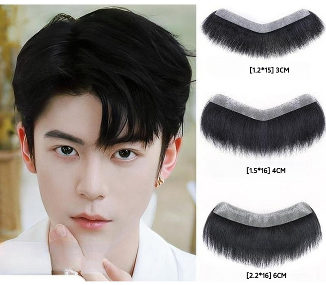 자연스러운 남성용 M자 커버 인모가발 헤어라인 부분 앞머리 가발, 15CM, 1개, 블랙