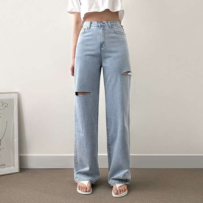 다미로그 여성 3단기장 찢청 찢어진 청바지 연청 와이드 데님 팬츠