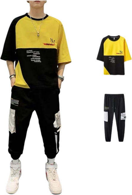 반반 컬러블럭 반팔 티 와이드 조거 트레이닝 복 세트 루즈핏 포켓 화이트 옐로우 빅사이즈