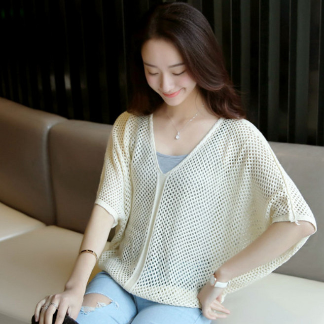 아로하스타일 여자 오버 가오리핏 그물 망사 반팔 니트 A0014 여름브이넥니트