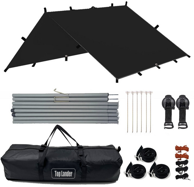 탑 랜더 19개의 연결 고리가 있는 다용도 대형 렉타 캠핑 방수 타프 차량용어닝 야외용 UV 차단, 블랙, 타프 세트(블랙 코팅 타프)