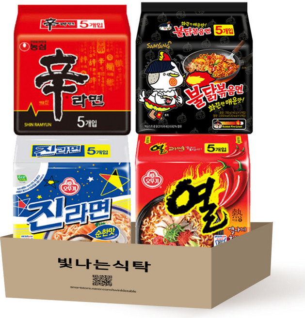 [빛나는식탁] 멀티 라면 4종 신라면 120g 5입 + 불닭볶음면 140g 5입 + 진라면 순한맛 120g 5입 + 열라면 120g 5입 봉지라면 멀티팩 묶음 세트