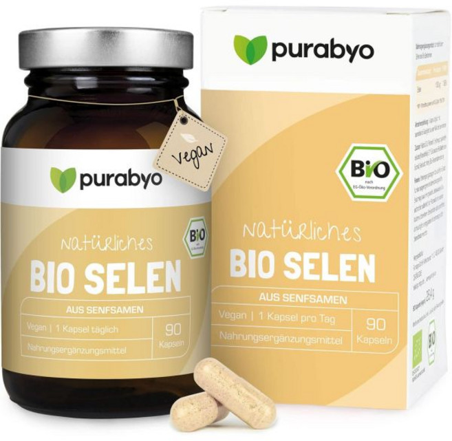 Purabyo 유기농 셀레늄 캡슐 겨자씨로 만든 유리 용기 100μg 3개월 분 전용 하루 1캡슐 고용량