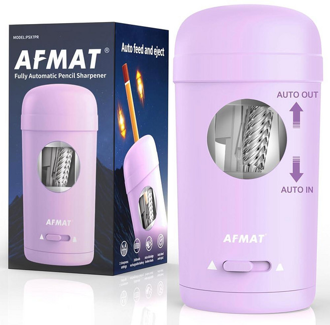 AFMAT 매트 전동 연필깎이 7-8mm 연필 및 색연필용 완전 자동 입력 출력 교실/가정/사무실용 충전식 수직 핸즈프리 연필깎이 PSX7(베이지) 125451, 퍼플, 퍼플