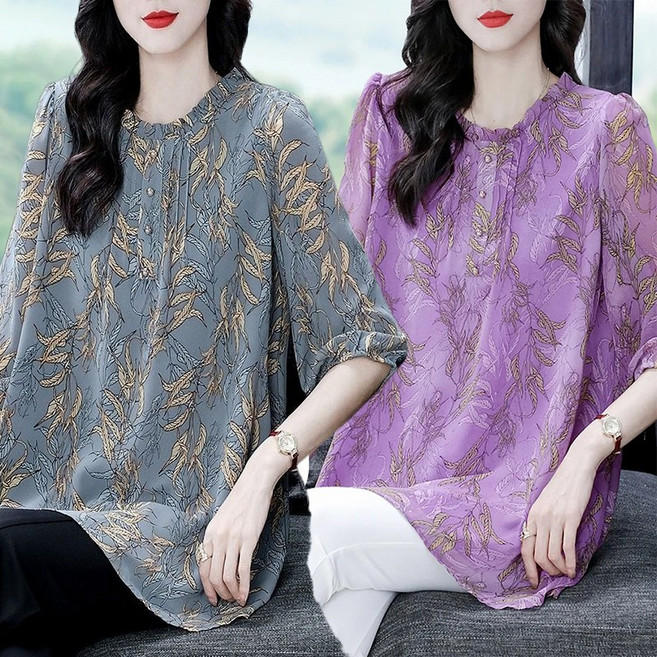 50대 쉬폰 셔링 긴팔 티셔츠 시크 블라우스 봄여름 칠부티 엄마옷