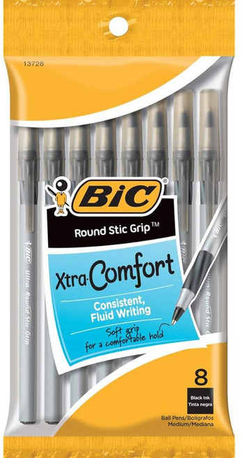 BIC 원형 그립 엑스트라 컴포트 블랙 볼펜 중간 지점 2mm 8개 부드러운 그립 뛰어난 편안함과 컨트롤 제공하는 완벽한 필기, 8 Count (Pack of 1)