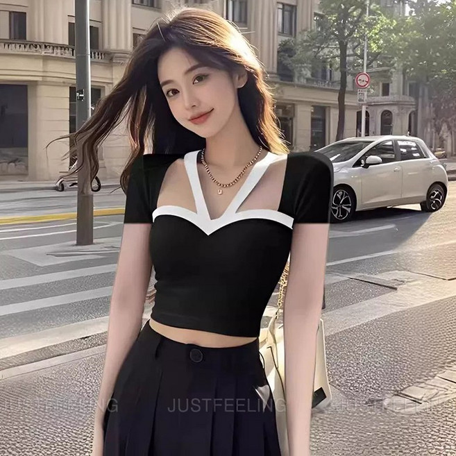 여름 반팔 티셔츠 슬림핏 숏 블라우스 홀터넥 섹시 반팔티 여성 크롭티 JUSTFEELING