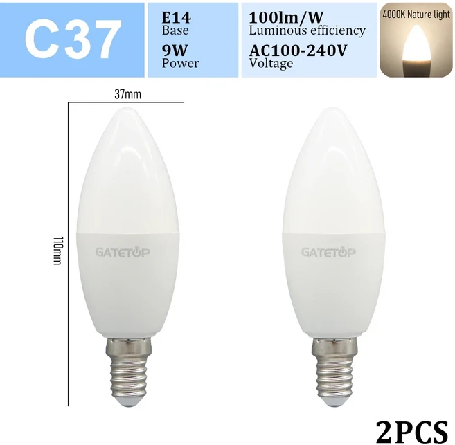 2PCS LED 필라멘트 전구 E27 레트로 2200K 에디슨 빈티지 램프 E14 GU10 스포트 AC100V-240V 유리, 06 2pcs E14 4000K C37, 01 AC100 240V, 01 9W