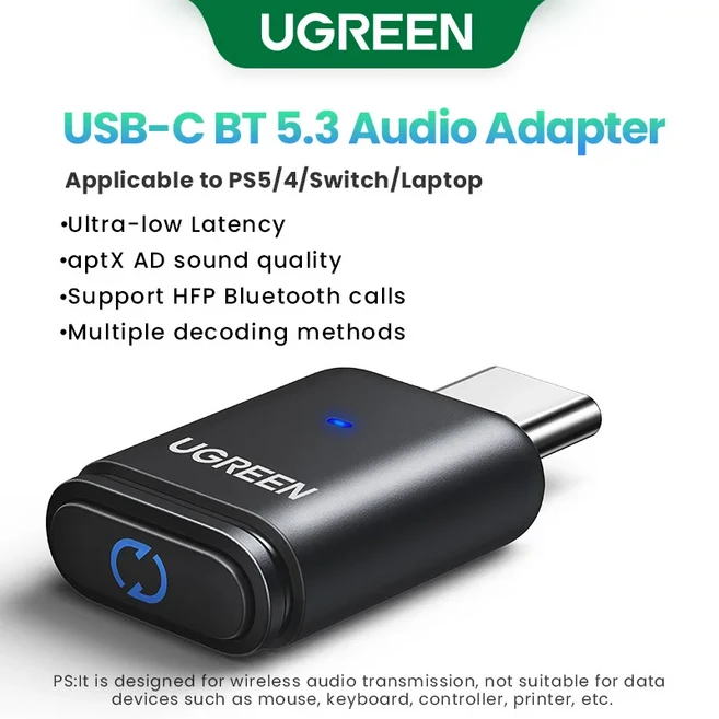 UGREEN USB C 타입 블루투스 5.3 송신기 aptX HD 오디오 어댑터 닌텐도 스위치 헤드셋 스피커 마이크용, 01 BT transtter, 01 CHINA