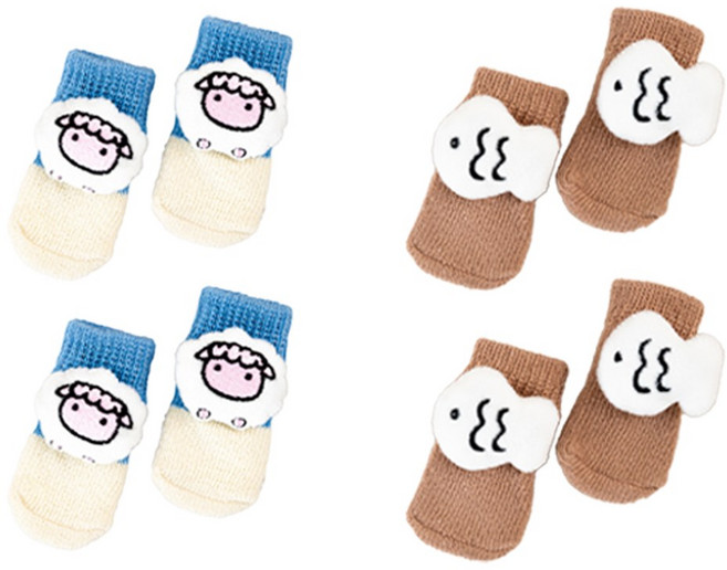 숑숑펫 애완동물 포인트 인형 패치 미끄럼방지 양말 8P 세트, 2세트, 아이보리+브라운