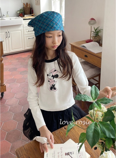 배색티셔츠 유아동 키즈 주니어 초등 스판 캐릭터 디즈니 미니마우스 쫄쫄이 티셔츠