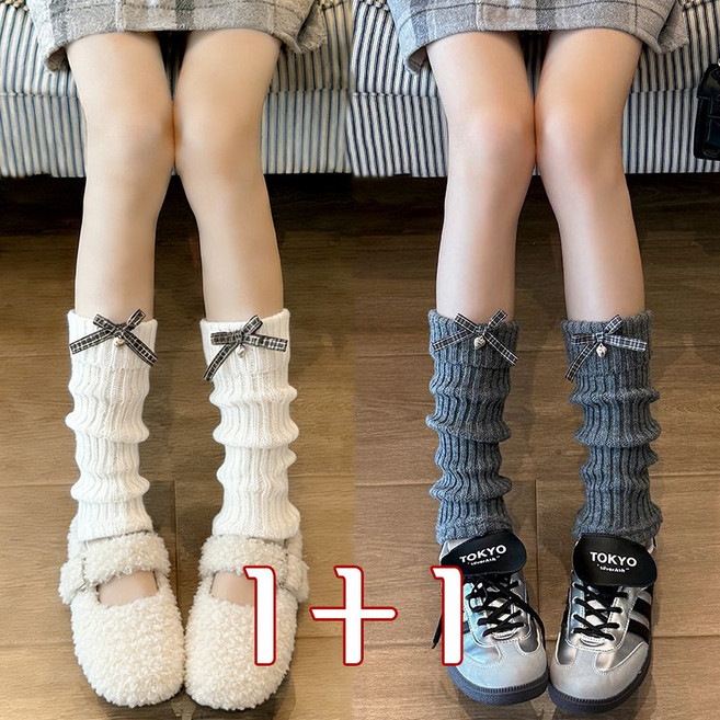 1+1 여성 레그워머 겨울 양말 리본 골지 니트 발토시 종아리 니삭스 y2k 슬림소녀