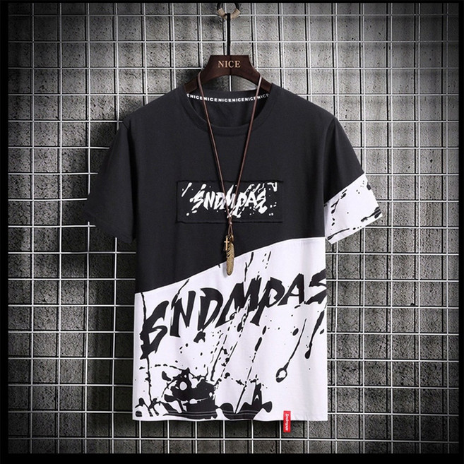 寬鬆街頭潮T 潑墨拼接五分袖圓領上衣