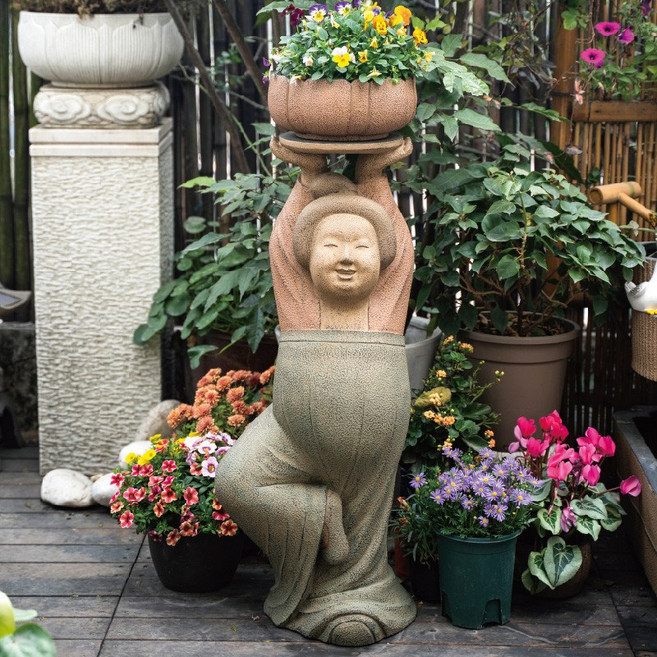 야외 테라스 장식용 복고풍 정원 화분 인테리어 조경 소품 실내외 겸용 정원 꾸미기용 나무장식 화단 인테리어 장식품, 큰, A_요가사여성화분99cm나무진흙색