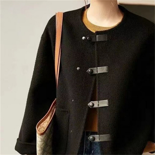 AOKADA 중년 여성 봄 가을 루즈핏 모직 숏 코트 스냅 단추 자켓