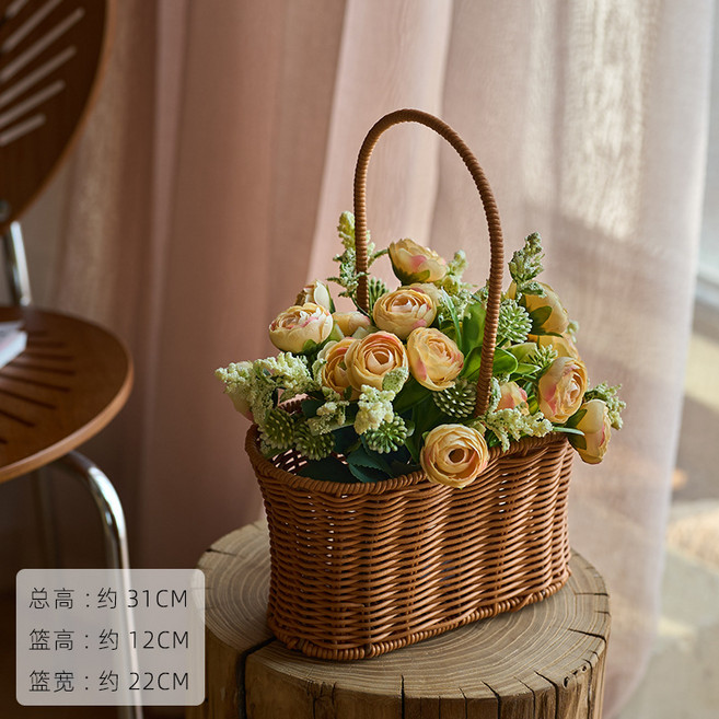 手工草編花籃 田園風客廳裝飾擺件插花籃, 1件, 3支米蘭球茶苞橘和棕色手提花籃:1