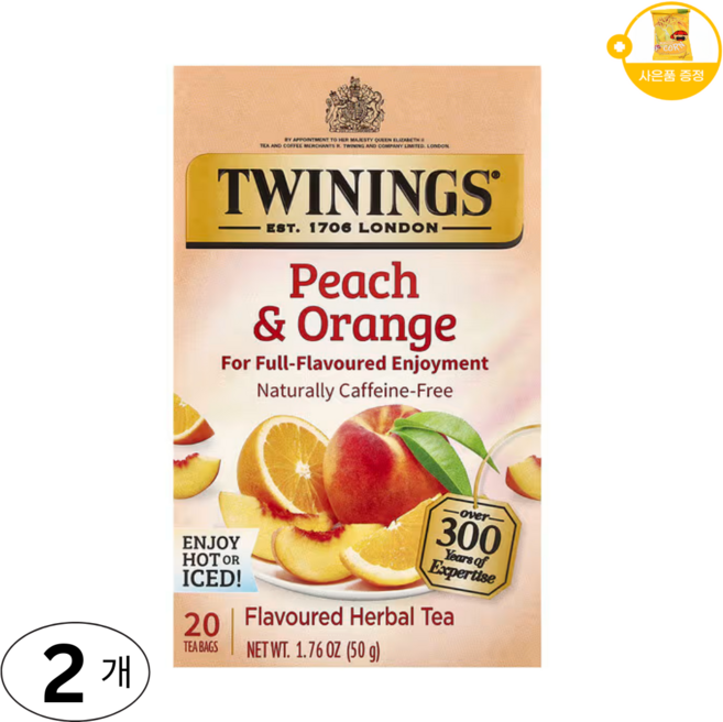 Twinings 허브차 복숭아 & 오렌지 디카페인 20티백 사은품 추가증정, 2개, 20개입