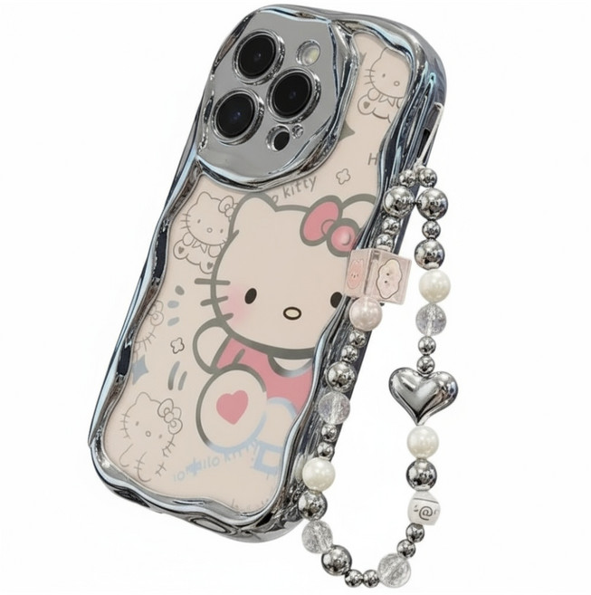 갤럭시 A16 A36 물결 패턴 고양이 캐릭터 실버 스트랩 케이스 D365