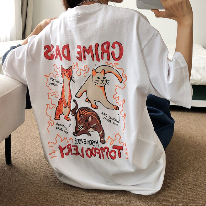 러브앤시티 국내생산 남녀공용 크리미데이 반팔티 오버핏 고양이 티셔츠 박스티 빅사이즈 캣