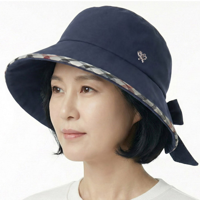 베이직엠 중년 여름 여성모자 벙거지 챙라인 브라운체크 뒷리본