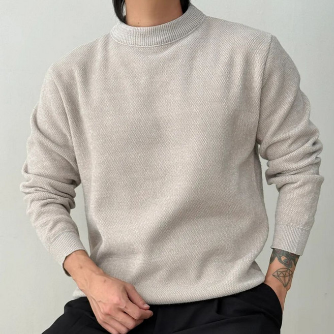 코엑티 남성 겨울 플리스 단색 라운드 기모 스웨터