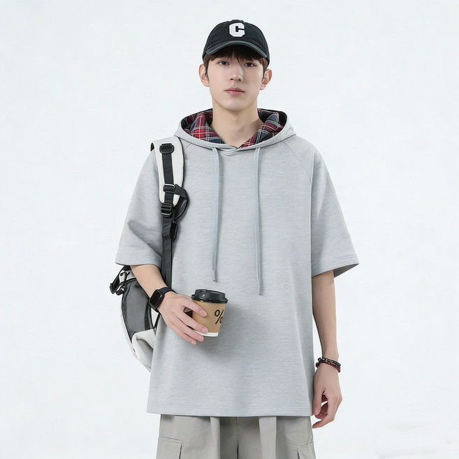 스타일닥터 남자 오버핏 후드 프린팅 반팔 티셔츠 라운드넥 여름 면티