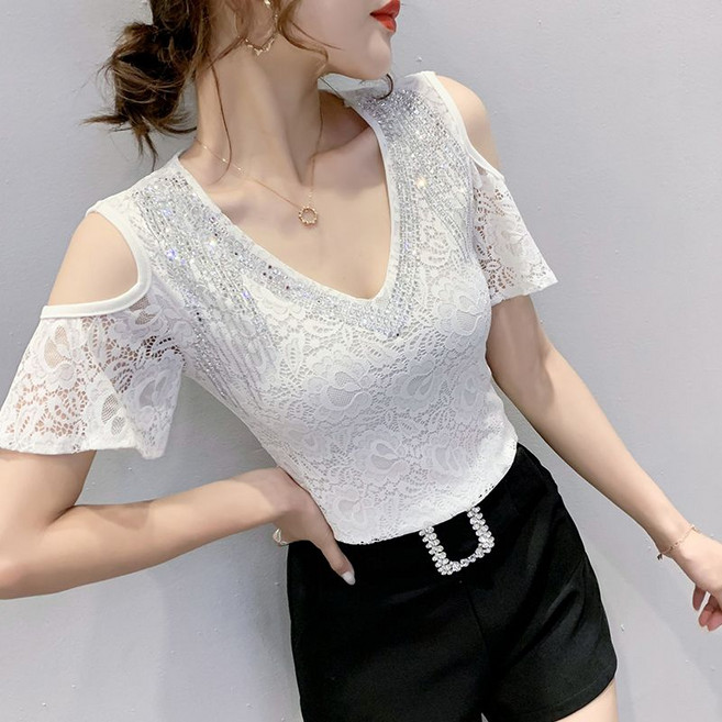여성용 여름 댄스복 레이스 스팽글 오프숄더 브이넥 슬림핏 티셔츠