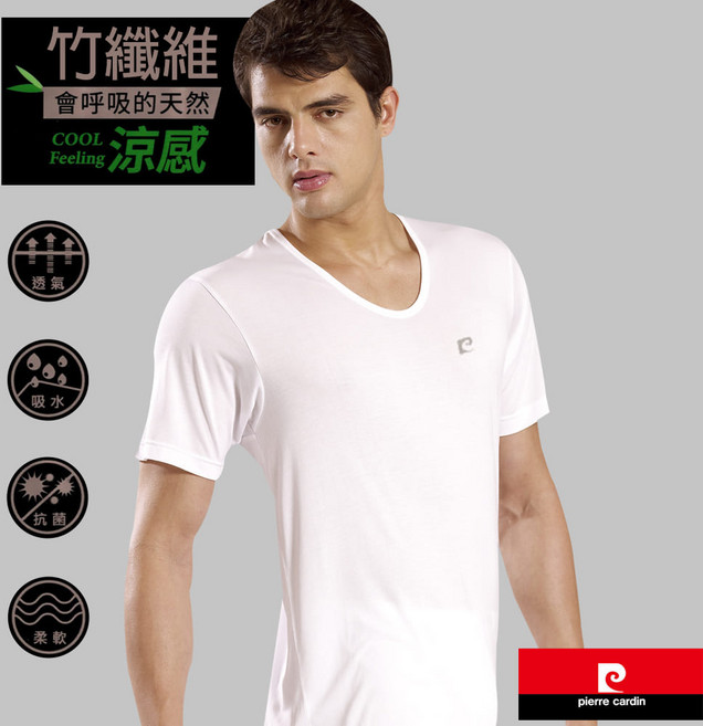 Pierre Cardin 皮爾卡登 竹纖維涼感U領短袖 會呼吸 透氣吸水柔軟內衣, L