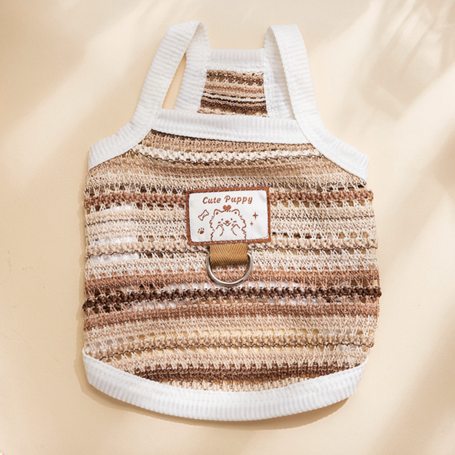 차르미콜 강아지 여름옷 메쉬 조끼 통기성 강아지 옷 소형견 애견 여름 의류 리드링 산책 가능, 1개, 브라운 스트라이프
