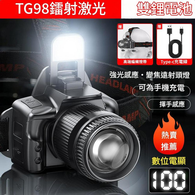 TG98 變焦頭燈 強光感應 揮手感應, U8相機頭燈 - 三光源燈芯 - 大容量 - 黑色《白黃藍紅光》, 1個