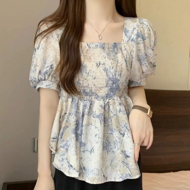 Roimkrs 여성 여름 빅사이즈 반팔 셔링 블라우스 플라워 셔츠