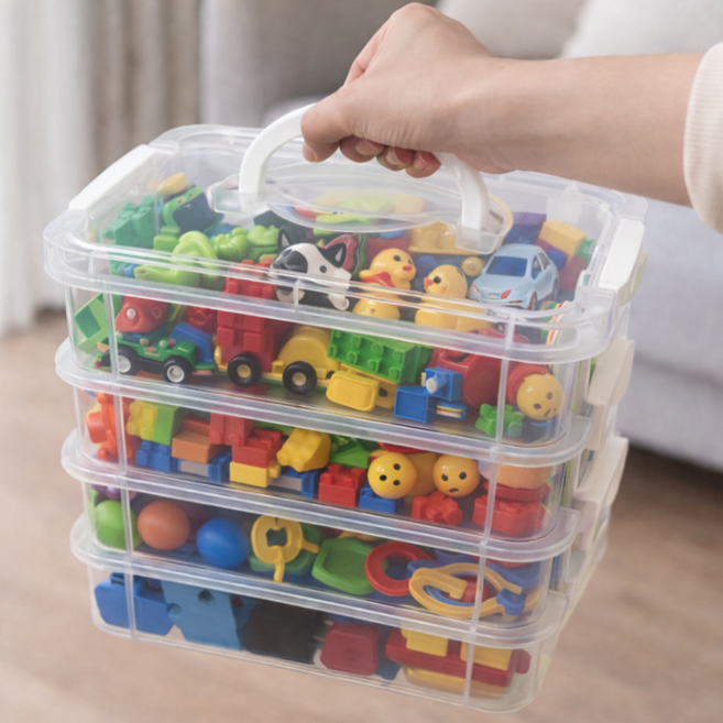 아크배라 레고 블록 정리함 투명 수납함 대용량 손잡이 휴대형 장난감 정리, 4단