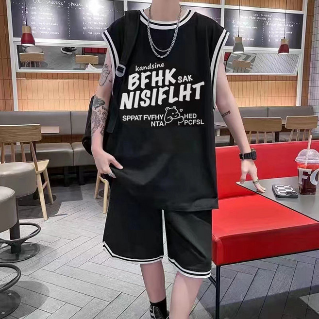 夏季無袖背心套裝男 跑步健身訓練一套球服大碼休閒寬鬆運動籃球服