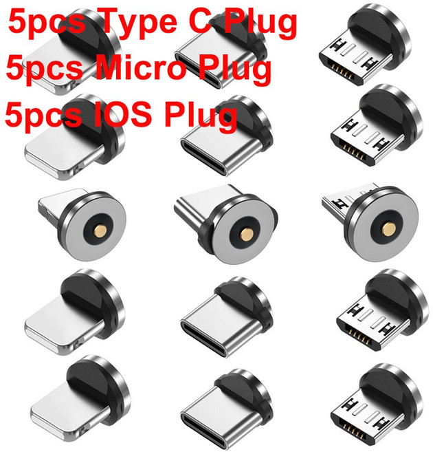 호환 아이폰용 C 타입 마이크로 USB IOS 플러그용 마그네틱 케이블 팁 고속 충전 어댑터 교체 15 개 팩, 02 Each model 5 plugs, 1개