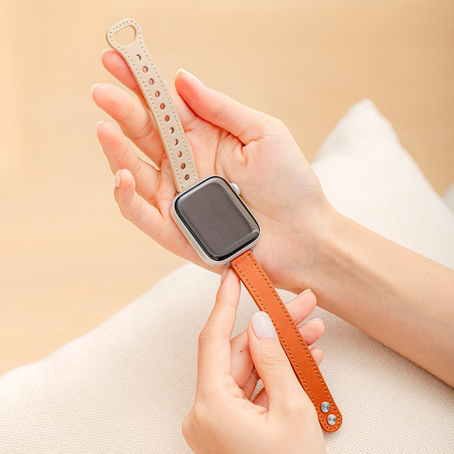 꾸미크 더블 슬림 클래식 애플워치 호환 단추 가죽 스트랩, 베이지