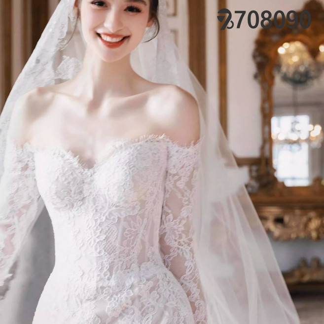 708090 오프 숄더 긴팔 레이스 머메이드 웨딩 드레스