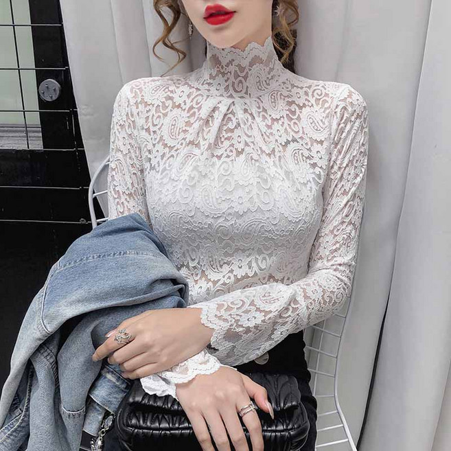 AOKADA 여성 하이넥 레이스 긴팔 티셔츠 봄 가을 이너티 슬림티