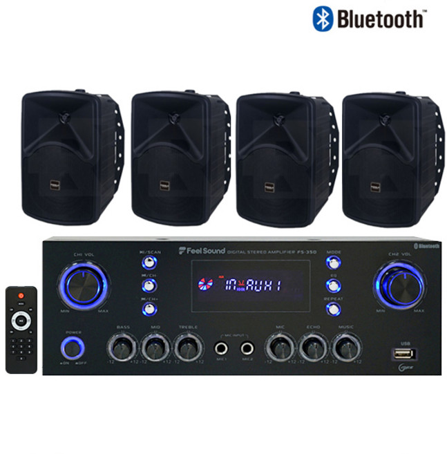 300W 디지털스테레오앰프+스피커세트 FM라디오 USB 블루투스 방송 업소 매장용 FS350TS55, 블랙, 앰프+스피커4개