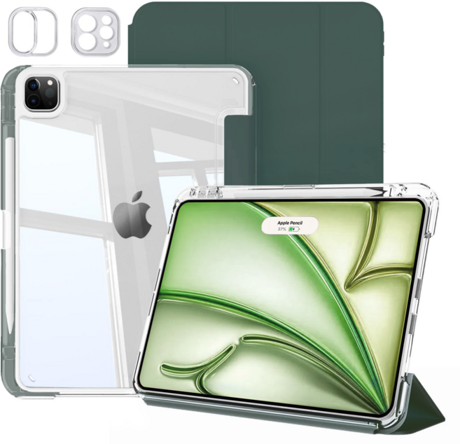 헤미션 아이패드 펜슬 수납 클리어 범퍼 스마트커버 태블릿 케이스 에어8/7/6 프로8/7/6/5/4/3세대 11/13인치, 딥그린, 1개