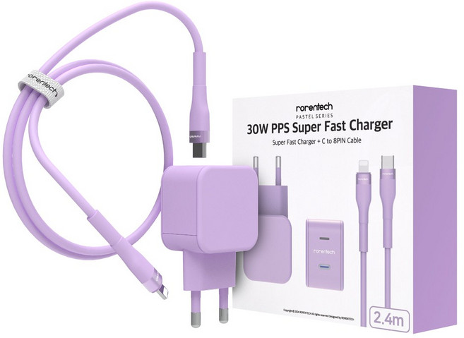 로랜텍 파스텔 고속 충전기 + PD C타입 to 8핀 케이블 2.4m 세트, 1세트, 퍼플