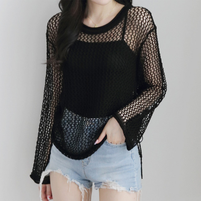 제니트 여성 루즈핏 라운드넥 데일리 사이드 셔링 그물 레이어드 여름 니트 피앙그물링