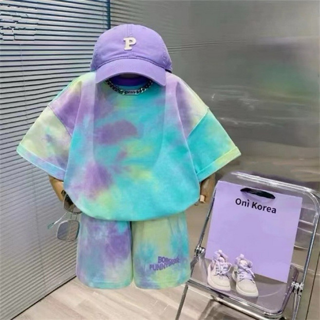 萱寶媽咪baby童裝館 限量韓版兒童夏季短袖滿版花朵兩件式套裝 女童花朵短袖T恤 日系童裝 花朵短褲兒童滿印笑臉套裝男童暈染套裝童裝