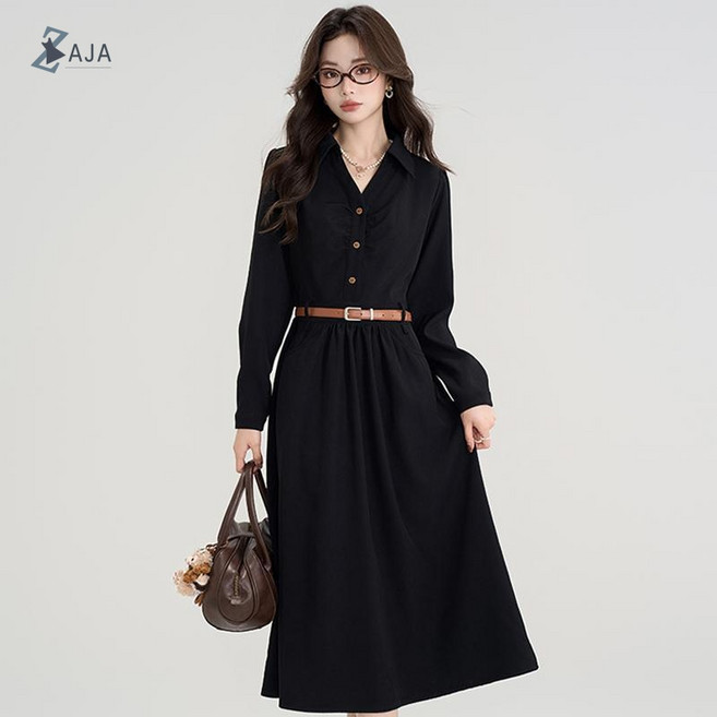 ZAJA 여성 블랙 긴팔 셔츠 원피스 허리벨트 세트 면접룩 데일리룩