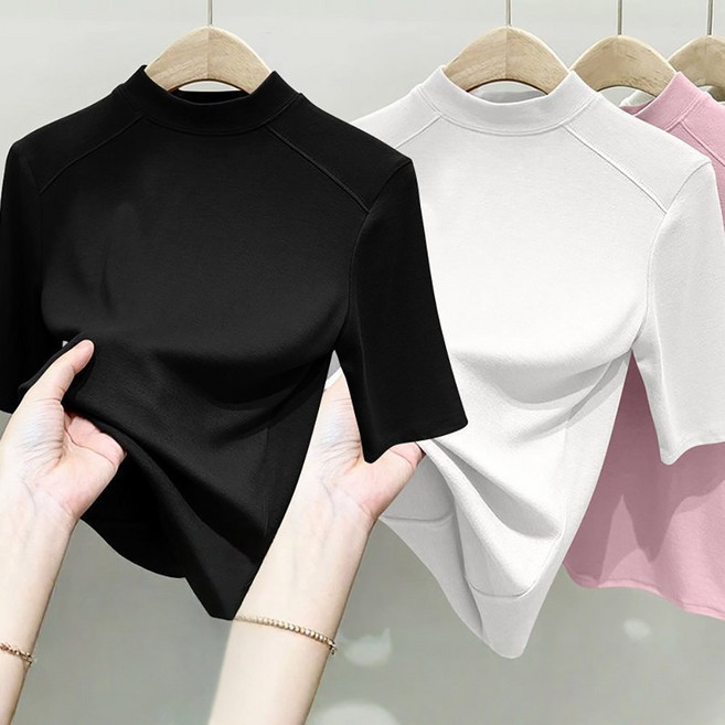 ROYALBELLE 2장묶음 여성 하이넥 슬림핏 5부소매 베이직 스판 심플 이너 티셔츠 K0020922