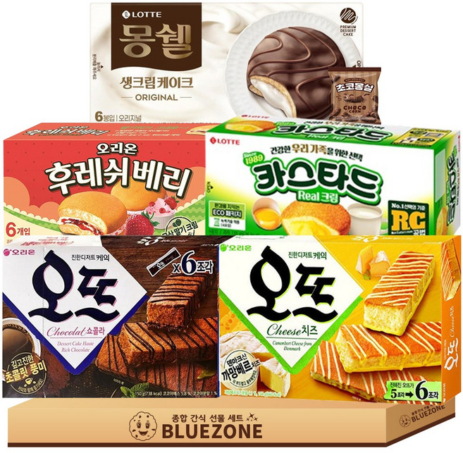 개별포장 곽과자 세트 오뜨쇼콜라150g 오뜨치즈144g 롯데카스타드138g 몽쉘생크림204g 후레쉬베리168g 몽실22g, 1개